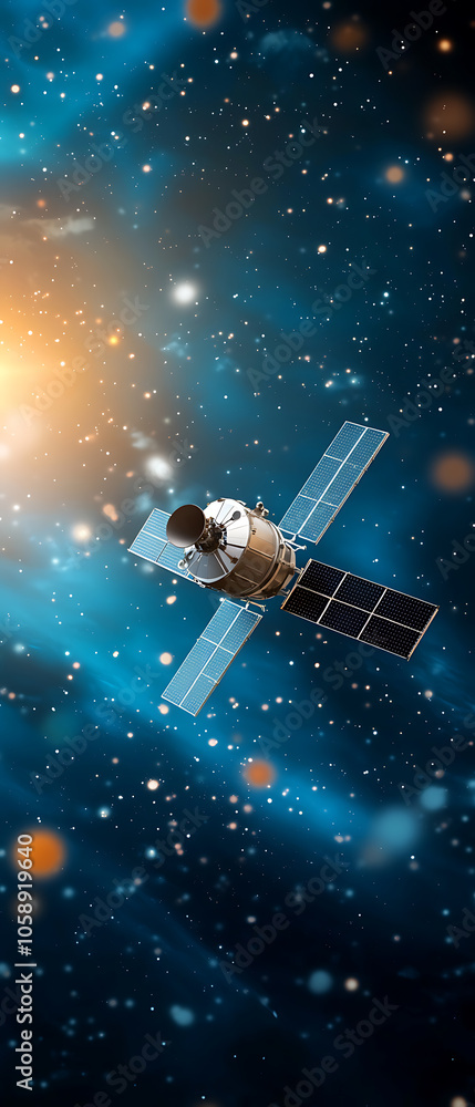 Poster exploring the cosmos a neon blue solar satellite orbiting in data-driven space visualization
