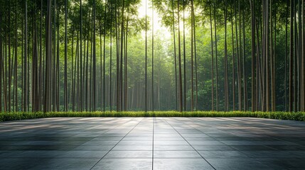 Fototapeta premium Serene Bamboo Forest Pathway with Parking Area and Brick Road for Automotive Advertising