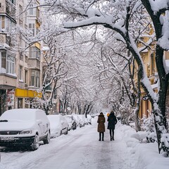 Snow-covered city street during heavy snowfall. There is a lot of snow on the sidewalk, cars and tree branches. Women walk through the winter city. Cold snowy weather. 