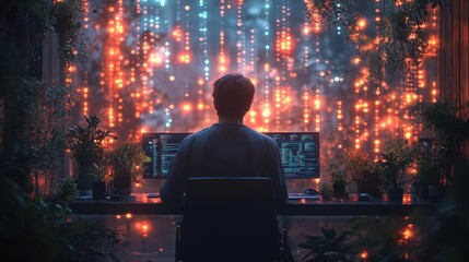 programmer immersed in a digital world, with holographic screens displaying algorithms and data visualizations in a sleek, modern office, illuminated by cool blue tones and futuristic vibes