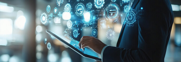 Modern Businessman Analyzing Data on Futuristic Touchscreen Display