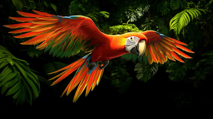 Vibrant Rainforest Scene Featuring a Colorful Parrot in Flight Amidst Green Foliage