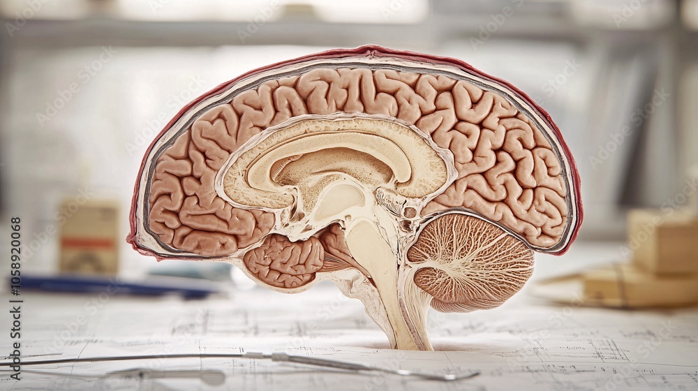 Aufkleber 3D visualization of brain structure focusing on lobes and surgical hotspots, with a semi-transparent overlay with copy space for text