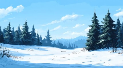 Fototapeta premium Snowy Landscape with Pine Trees and Clear Sky