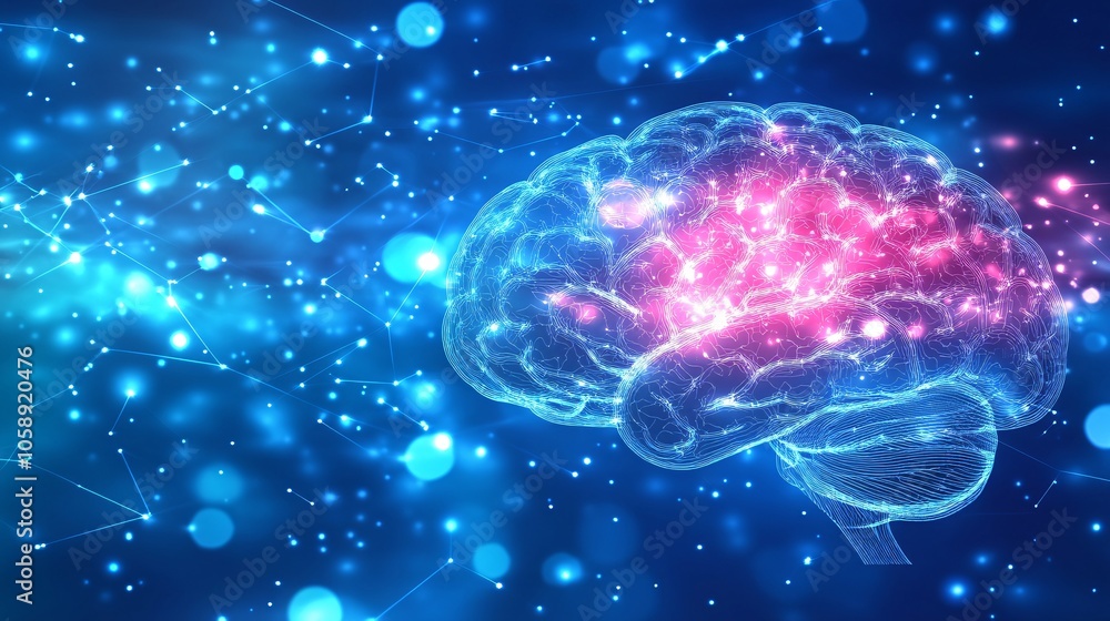 Poster Realistic brain model in 3D with emphasized surgical access points and clearly labeled lobes with copy space for text