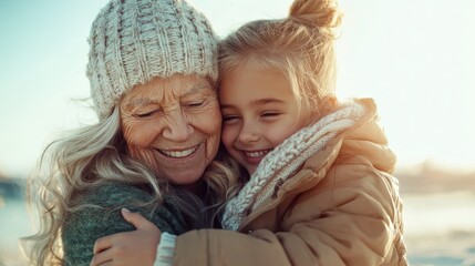 An elderly woman and a young girl smile as they hug warmly, dressed in winter clothing, with a winter landscape in the background, reflecting familial love and warmth.