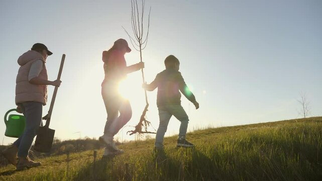 A family climbs a hill with a sapling and garden tools against the evening sun, symbolizing shared labor and care for nature