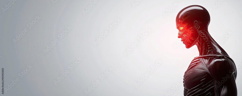 Poster futuristic robotic figure with glowing red elements, white isolate background.