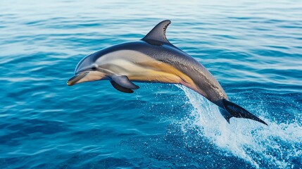 Fototapeta premium A dolphin leaps gracefully above the water's surface, showcasing its agility against a backdrop of calm ocean waves.