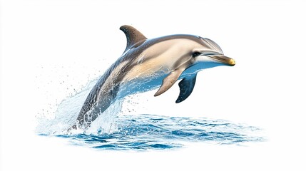 Obraz premium A dolphin leaps out of the water, creating splashes, showcasing its agility and playful nature.