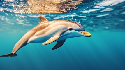 A playful dolphin swims gracefully through clear blue water, showcasing its sleek body and friendly demeanor.