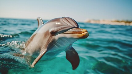 A playful dolphin breaks the surface of calm blue water, catching sunlight in a serene marine environment.