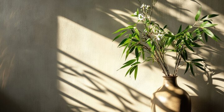 Fototapeta Bamboo blossom leaves basking in sunlight, with flower buds in a vase for home decor, highlight artificial plants and flowers in an indoor wall portrait, allowing for copy space.