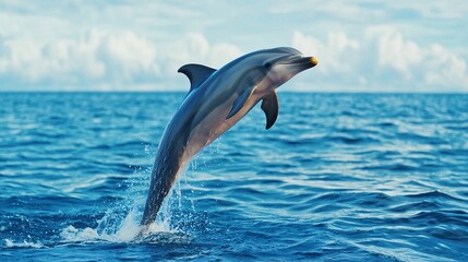 Fototapeta premium A dolphin leaps joyfully from the ocean's surface under a bright sky, showcasing its agility and playful nature.