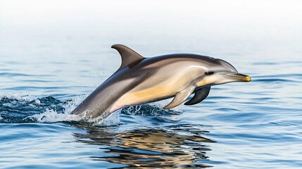 A dolphin leaps gracefully above the calm ocean surface, showcasing its streamlined body against the shimmering blue water.