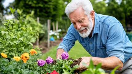 Fototapeta premium Elderly man tending to vibrant flowers in a lush garden, enjoying a sunny day outdoors, AI