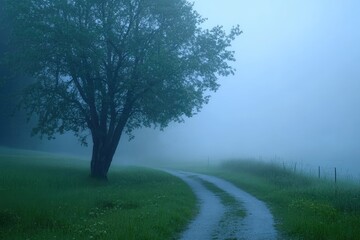 A Foggy Path Leading Through a Field With a Tree