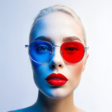 Portrait of a woman with red lips wearing glasses with blue and red lenses