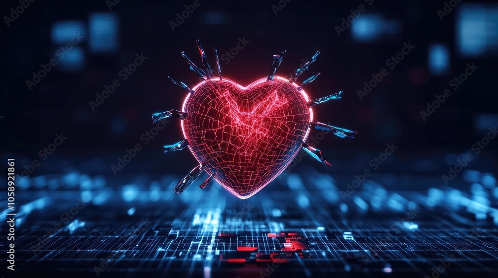 Poster abstract glowing heart shape surrounded by digital elements on dark background.