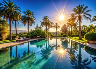 Fototapeta premium Palm Tree Paradise: Serene Pool with Sky Reflections