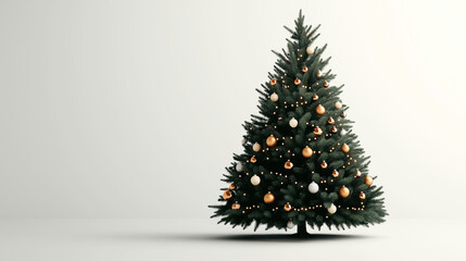 Elegant Christmas tree adorned with gold and white ornaments and string lights against a minimalistic background, showcasing festive holiday decor.
