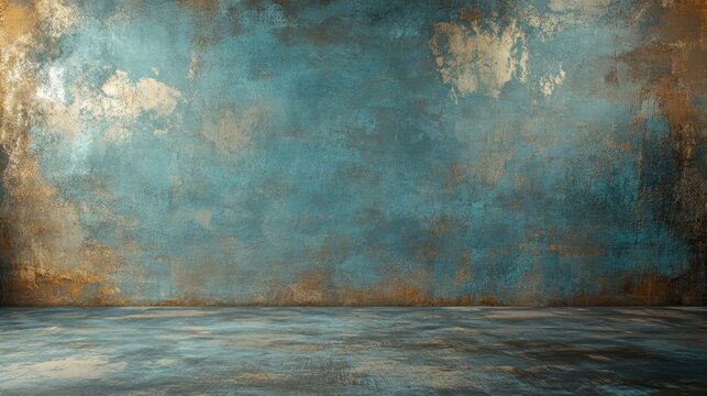 A stained blue and brown background creates a unique visual effect with various sizes displayed on a silver screen, offering an artistic photo style with copy space.