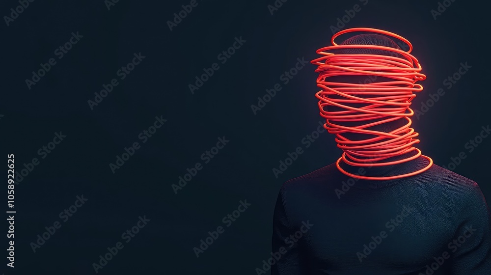 Poster Abstract representation of confusion with red wires around a faceless figure.