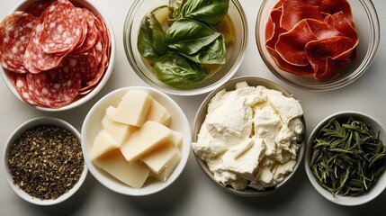 An enticing selection of gourmet Italian ingredients including meats, cheeses, and aromatic basil, creatively displayed in bowls, ready to inspire culinary masterpieces.