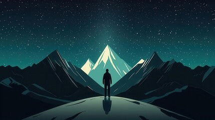 Winter night with stars over mountain range, lone figure gazing up, peaceful winter escape