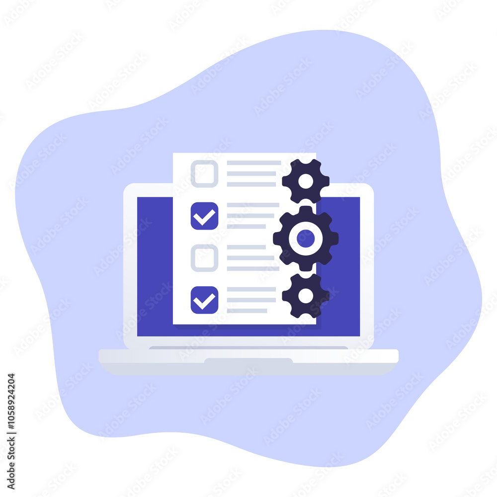 Poster check list with gears, planning and management software icon