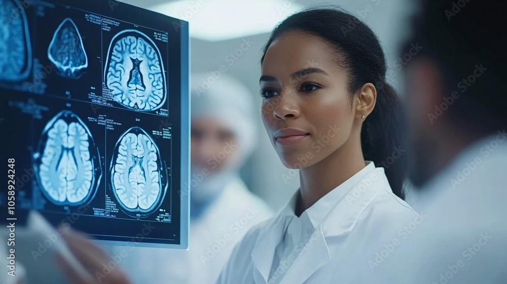 Aufkleber medical professionals analyzing a brain scan x-ray to locate the cause of a stroke with copy space f