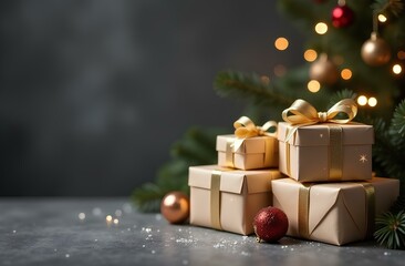 Christmas gifts with decorations on a dark background. 