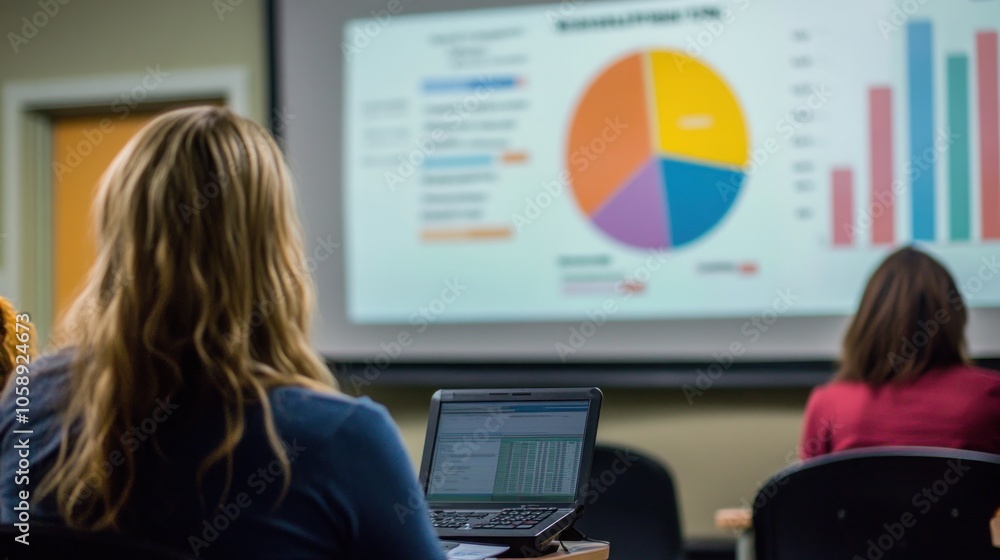 Aufkleber a woman sits at a desk in a classroom, facing a projector screen showing a pie chart and a bar graph