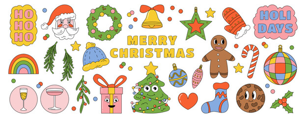 Christmas sticker. Groovy gift, Santa Claus, tree character and rainbow. Xmas design, vintage winter party, retro cartoon happy circle smile, hipster decorative isolated set. Vector garish holiday