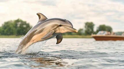 Fototapeta premium A dolphin leaps from water near a boat, showcasing its playful nature in a serene aquatic environment.