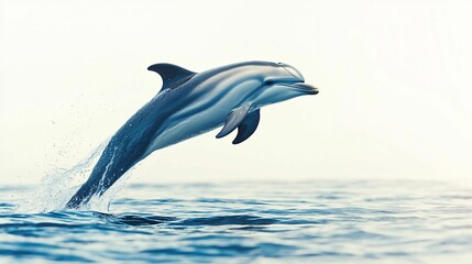 A dolphin leaps gracefully from the ocean, creating splashes against a serene backdrop of water and sky.