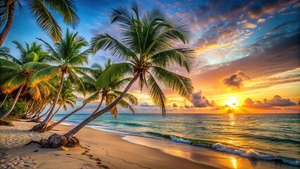 Tropical island beach scene at sunset with palm trees swaying gently in the breeze, beach scene, tropical scenery, serene landscape, serene island atmosphere