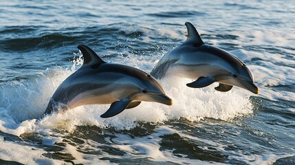 Two dolphins leap gracefully from the ocean, creating splashes in the waves as they play in the sunlight.