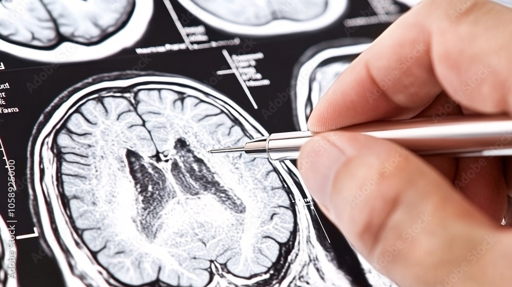 Poster Close-up of a doctors hand pointing to an MRI scan, analyzing stroke-affected regions with copy space for text