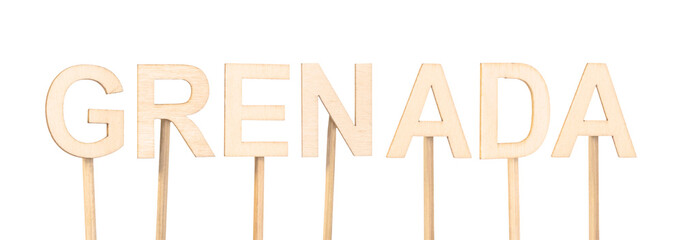Word Grenada in wooden letters on light background: simplicity and elegance in design. Countries of the world.