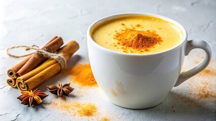 Turmeric latte mug with frothy milk and cinnamon