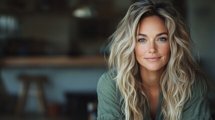 A friendly woman with long blonde hair smiles warmly in a cozy home setting, radiating happiness and comfort in a softly-lit and inviting environment.