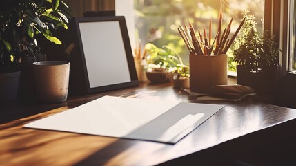 Fototapeta premium Minimalist Workspace with Blank Paper and Writing Supplies on Wooden Desk