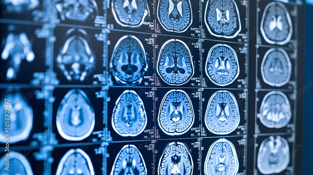 Aufkleber brain scan on a screen while doctors gather to determine stroke treatment approach with copy space f