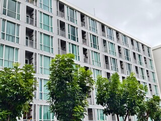 Detailed view of windows, doors and balconies of city buildings 