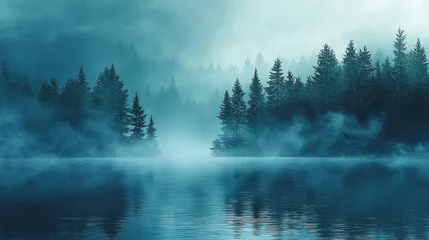 Misty Lake Enveloped by Tranquil Forested Scenery in Moody Atmospheric Setting