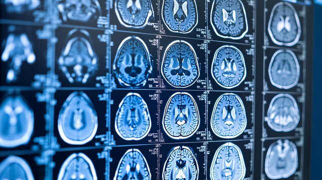 Brain scan on a screen while doctors gather to determine stroke treatment approach with copy space for text