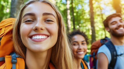 Fototapeta premium Young friends enjoy a sunny hike through a lush forest, smiling and carefree, AI
