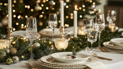 Festive Dining Setup with White and Gold Details