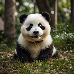 Fototapeta premium A captivating portrait of a young panda, with wide, innocent eyes and a playful smile, sitting in a lush green forest. The image evokes a sense of wonder and joy.